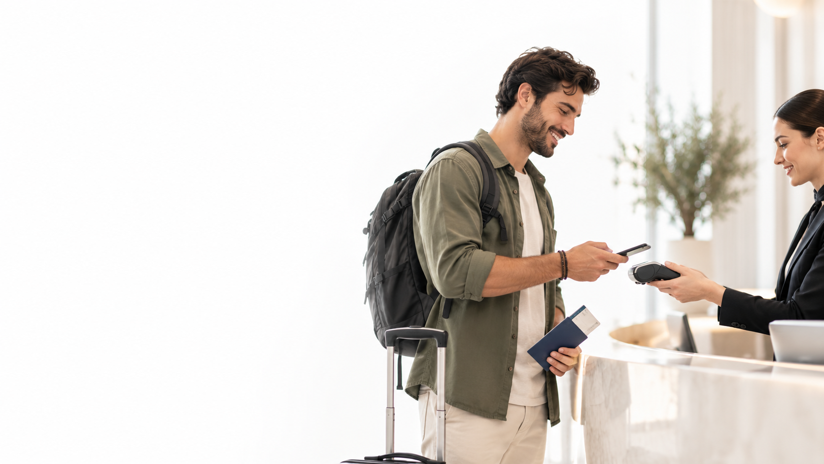 Turista pagando com o celular na recepção de um hotel