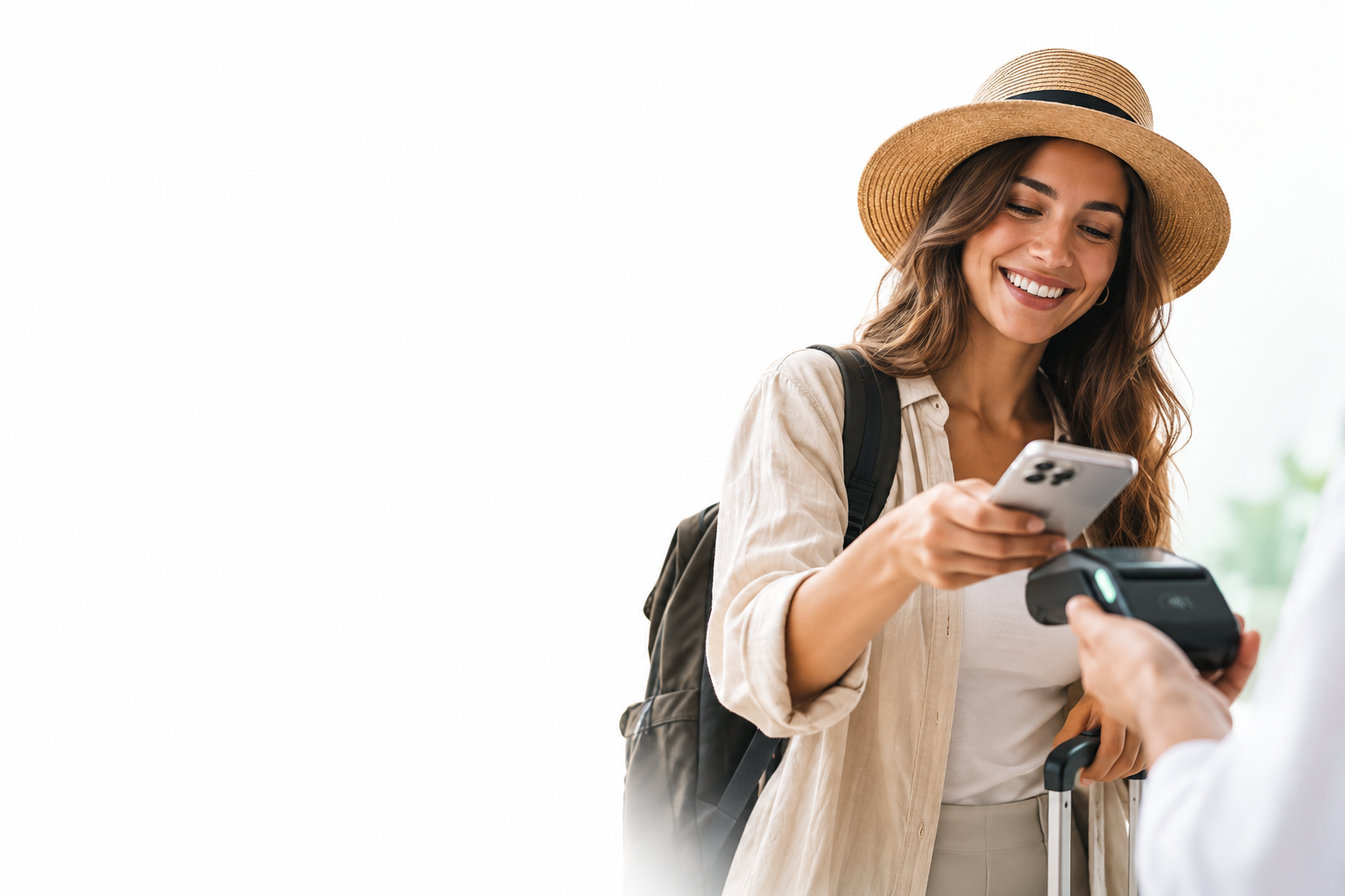 Turista pagando com o celular em um terminal Nautt