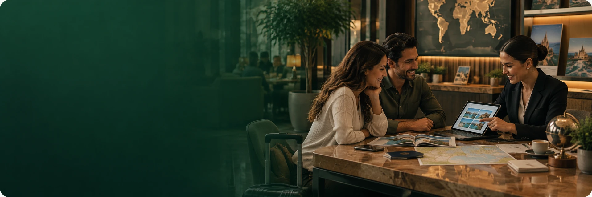 Consultor de turismo apresentando roteiro em tablet para casal em escritório elegante
