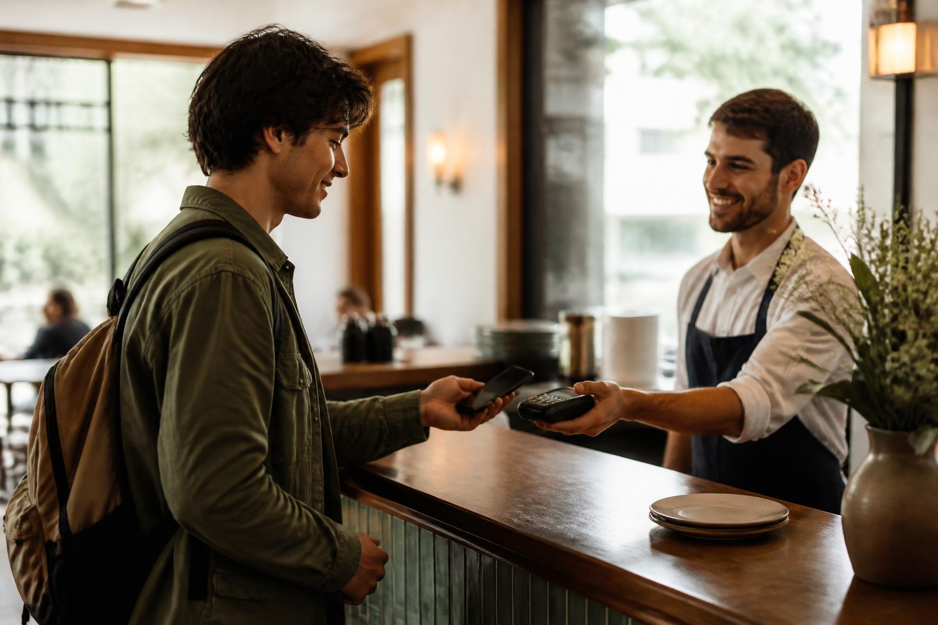 Viajante pagando com o celular no balcão de um restaurante